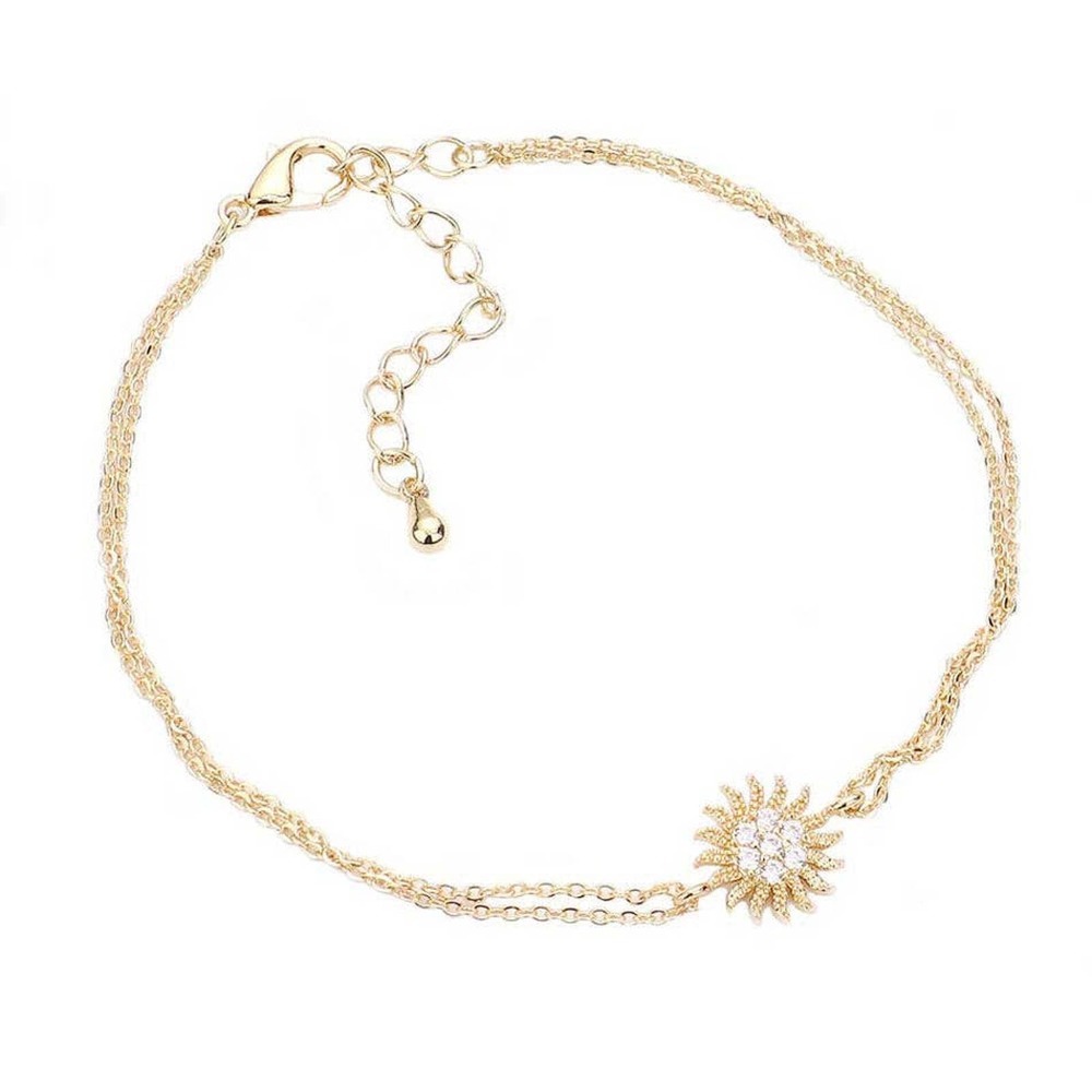 Cubic Zirconia Brass Metal Celestial Sun Charm Accented Double Layered Bracelet